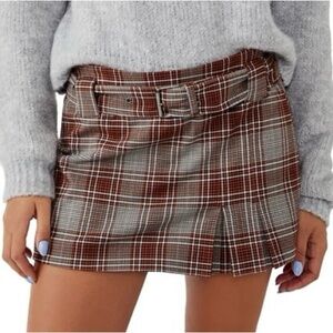 Free People Sage Rust Brown Plaid Mini Skort